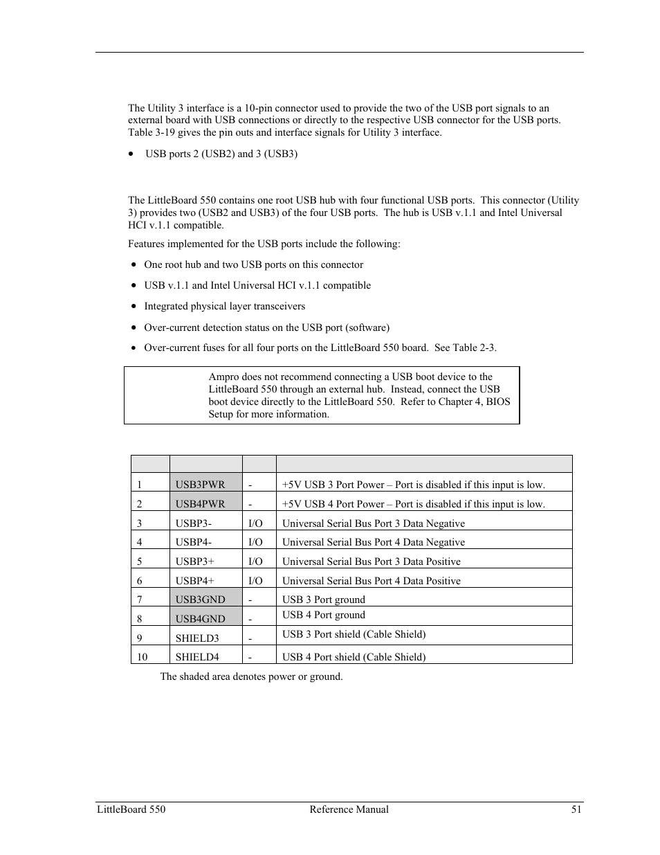 Utility 3 interface (j18), Usb signals (usb2 and usb3) | Ampro Corporation Single Board Computer Littleboard 550 User Manual | Page 57 / 100