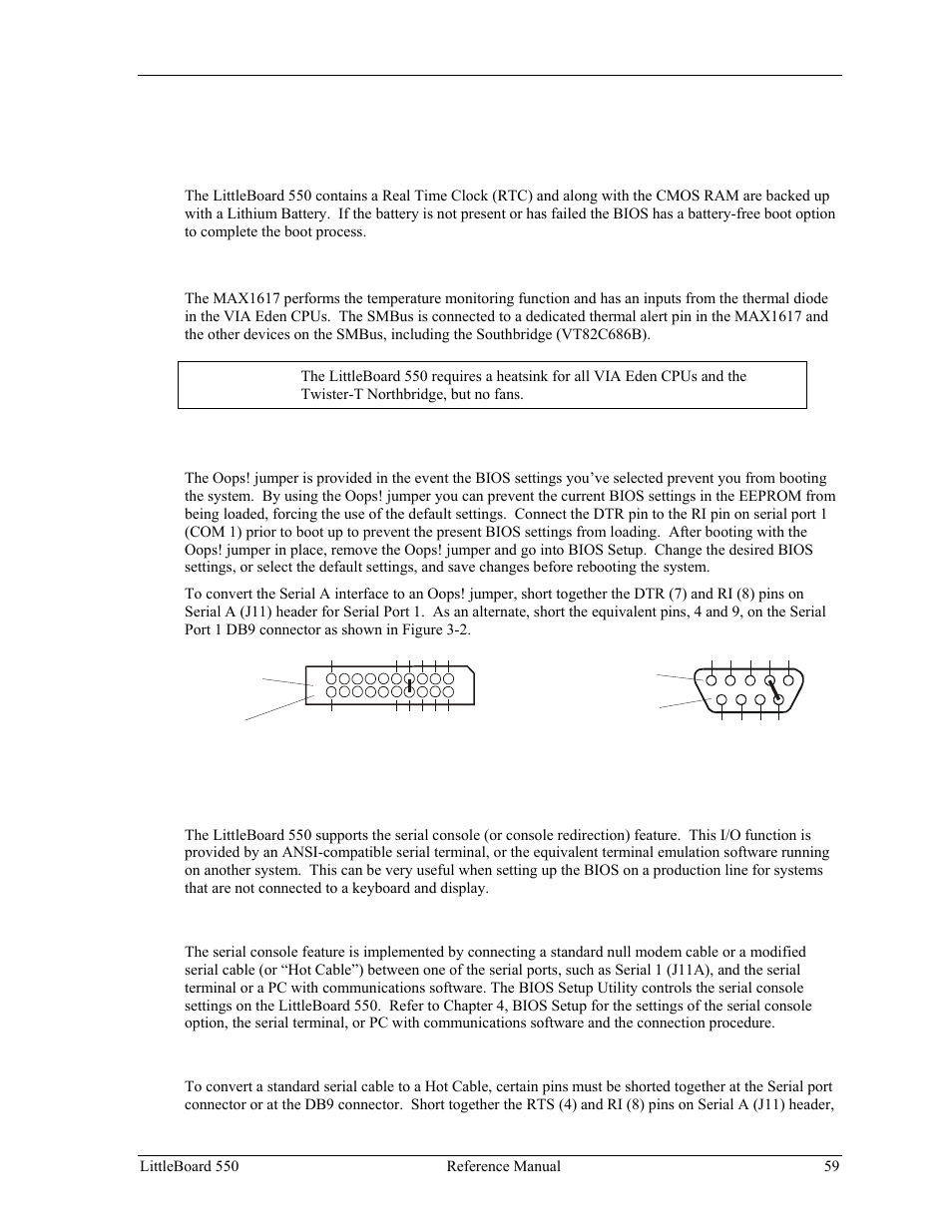 Miscellaneous, Real time clock (rtc), Temperature monitoring | Oops! jumper (bios recovery), Serial console, Serial console setup, Hot (serial) cable, Figure 3-2. oops! jumper connection | Ampro Corporation Single Board Computer Littleboard 550 User Manual | Page 65 / 100