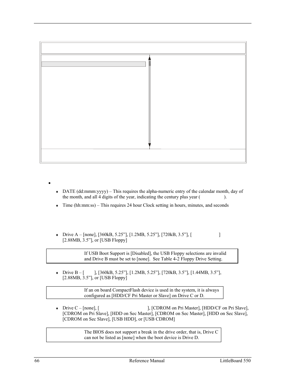 Bios configuration screen, Drive configurations and boot options, Figure 4-2. modifying setup parameters screen | Ampro Corporation Single Board Computer Littleboard 550 User Manual | Page 72 / 100