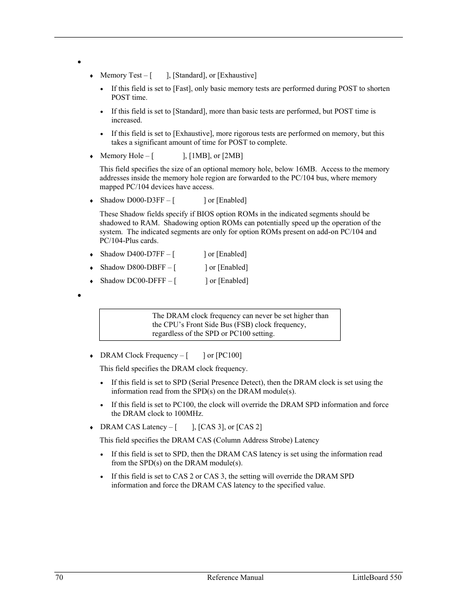 Memory control options | Ampro Corporation Single Board Computer Littleboard 550 User Manual | Page 76 / 100