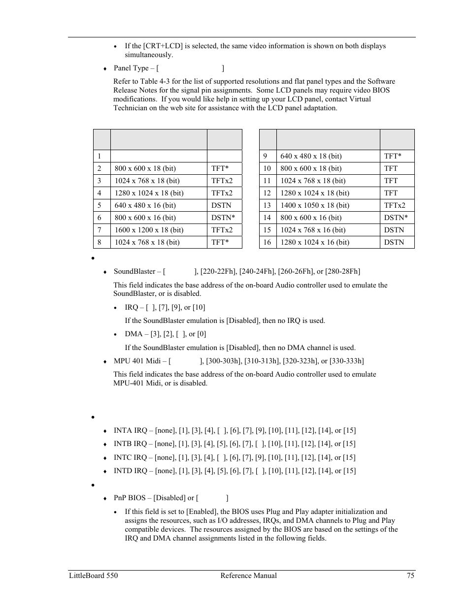 Pci, plug n' play, and interrupt assignments, Table 4-3. lcd panel type list | Ampro Corporation Single Board Computer Littleboard 550 User Manual | Page 81 / 100