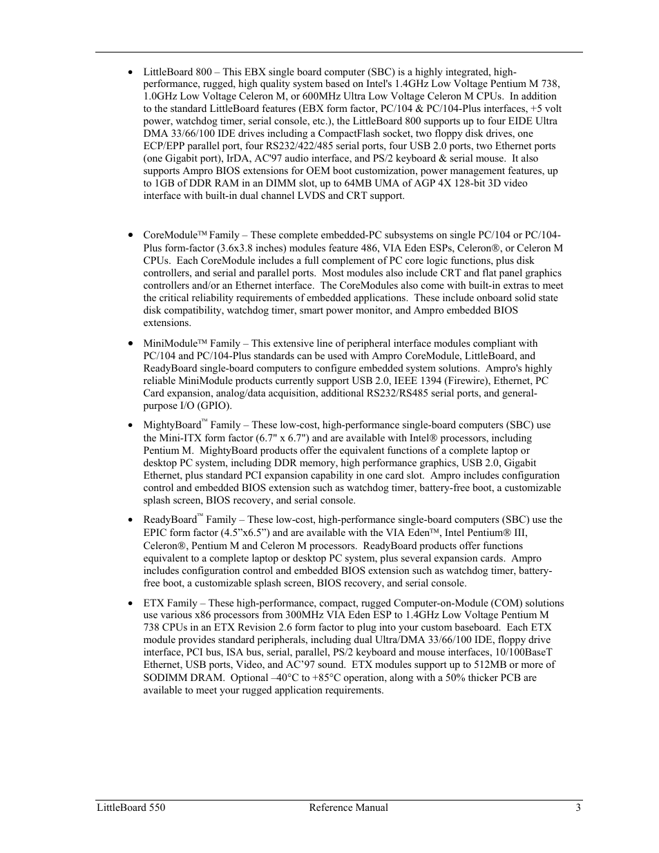 Ampro Corporation Single Board Computer Littleboard 550 User Manual | Page 9 / 100
