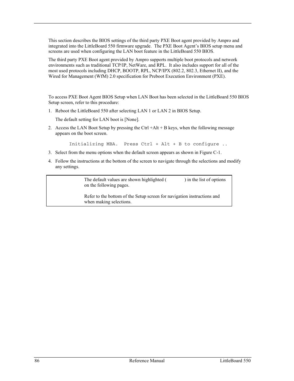 Pxe boot agent bios setup, Accessing pxe boot agent bios setup | Ampro Corporation Single Board Computer Littleboard 550 User Manual | Page 92 / 100