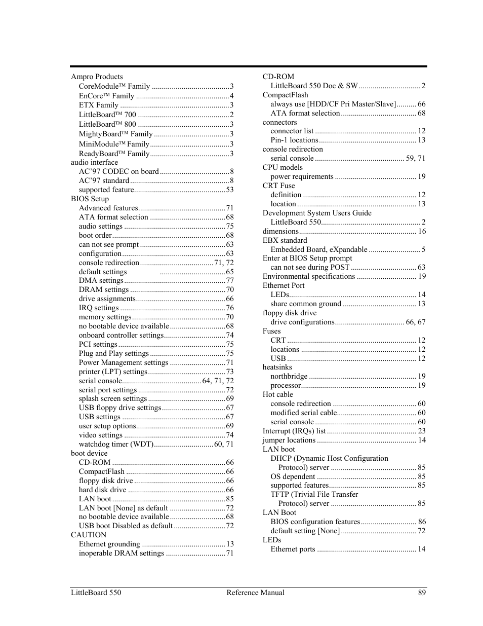 Index | Ampro Corporation Single Board Computer Littleboard 550 User Manual | Page 95 / 100