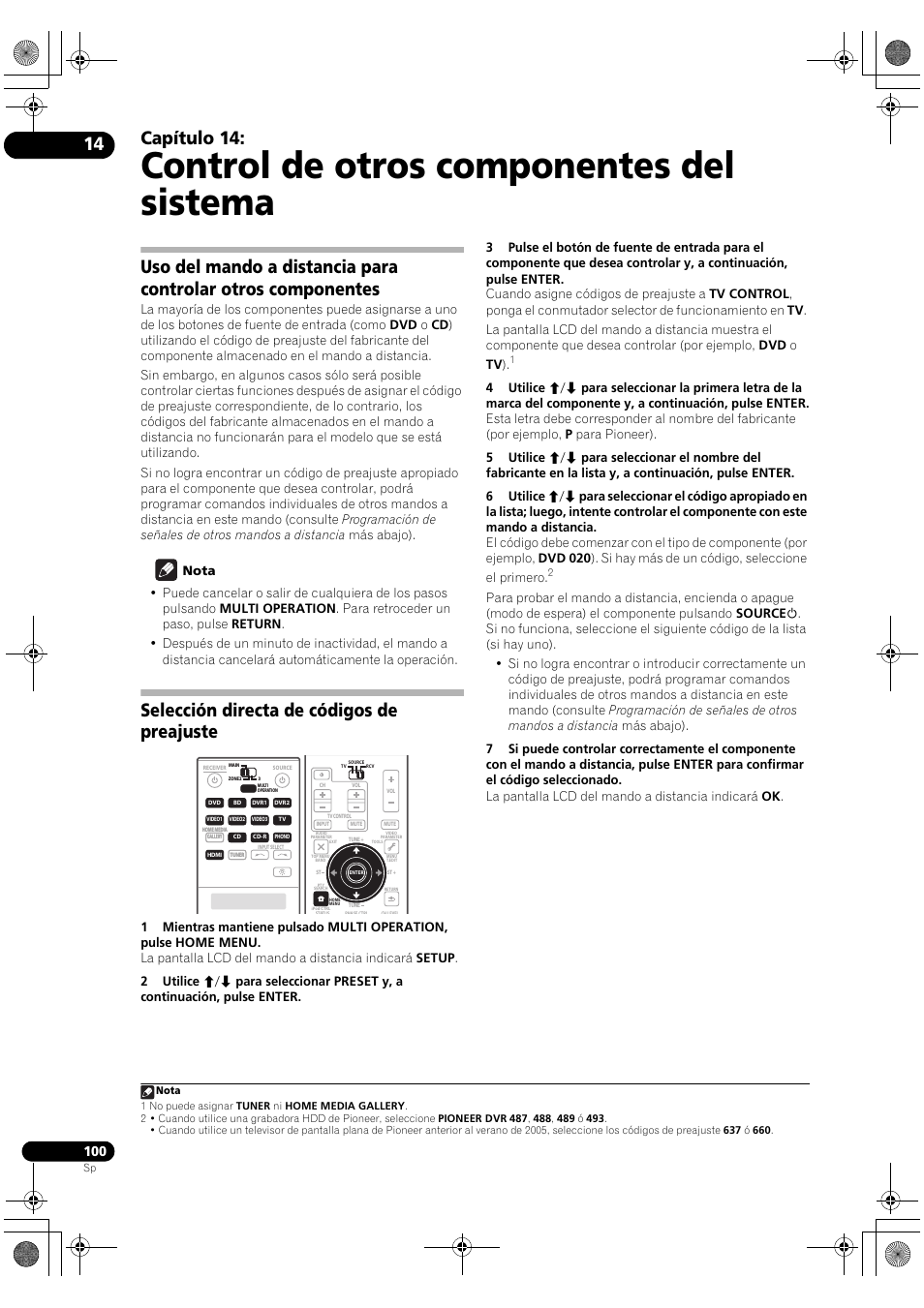 Control de otros componentes del sistema, Capítulo 14, Selección directa de códigos de preajuste | Pioneer SC-LX71 User Manual | Page 100 / 134