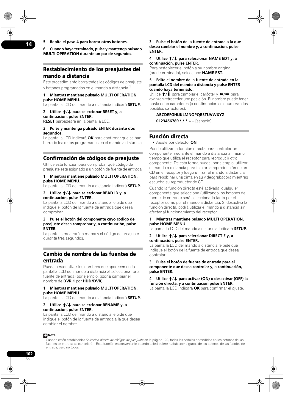 Confirmación de códigos de preajuste, Cambio de nombre de las fuentes de entrada, Función directa | Pioneer SC-LX71 User Manual | Page 102 / 134
