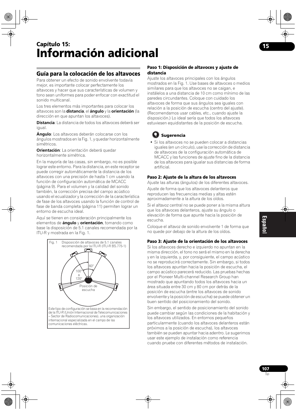 Guía para la colocación de los altavoces, Información adicional, Capítulo 15 | Pioneer SC-LX71 User Manual | Page 107 / 134
