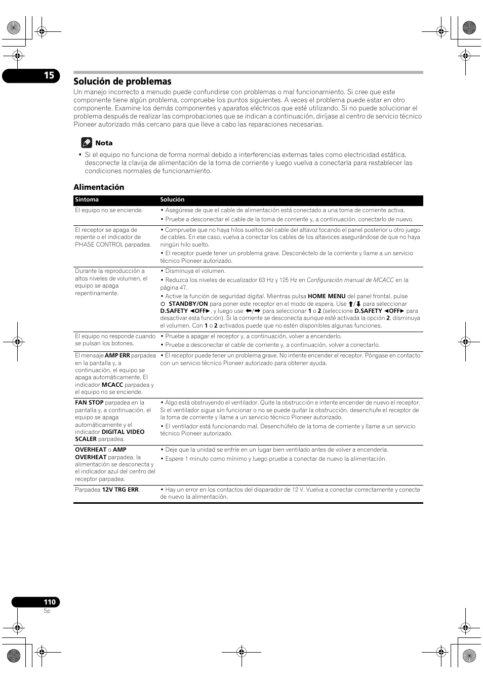 Solución de problemas, Alimentación | Pioneer SC-LX71 User Manual | Page 110 / 134