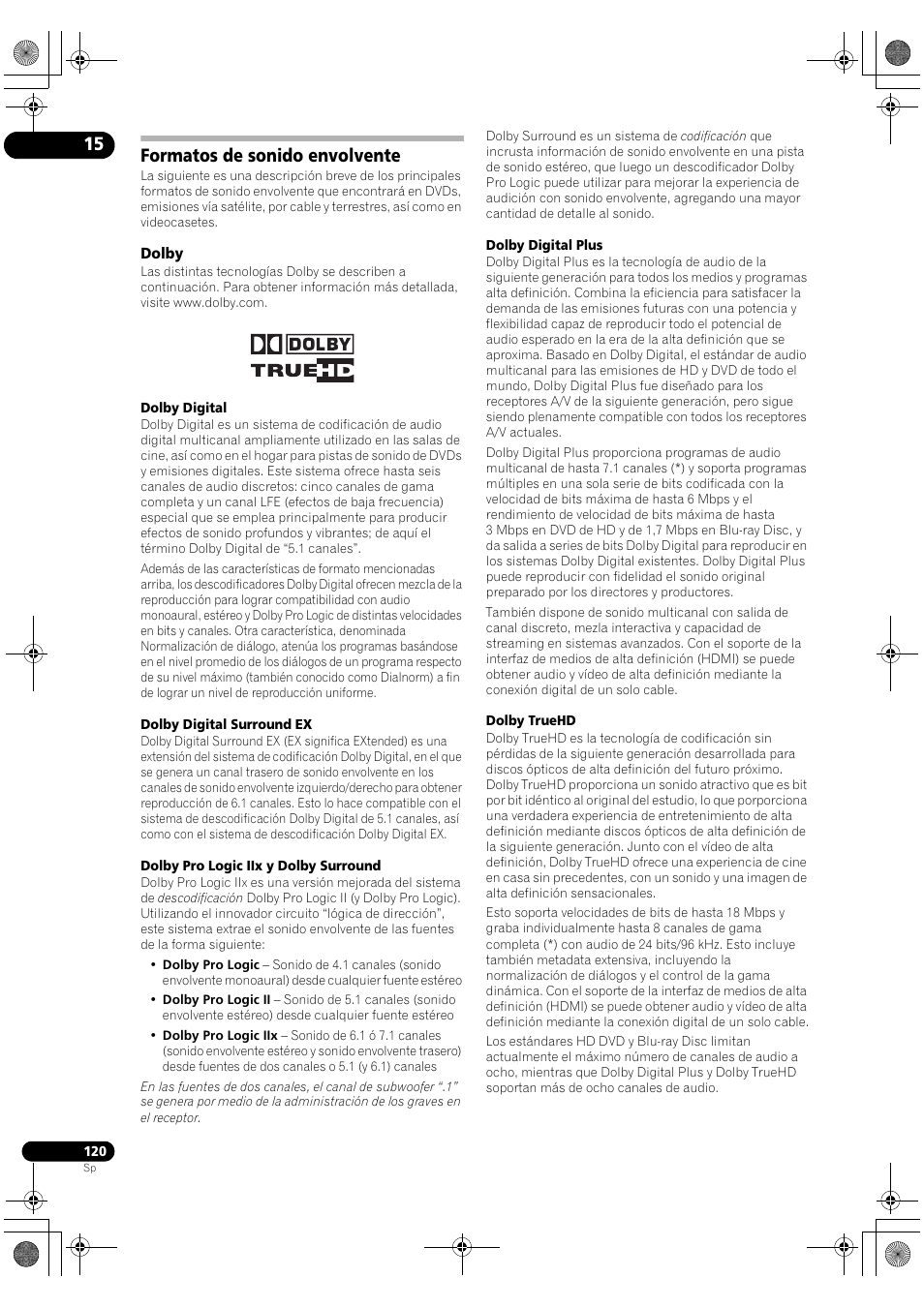 Formatos de sonido envolvente, Dolby | Pioneer SC-LX71 User Manual | Page 120 / 134