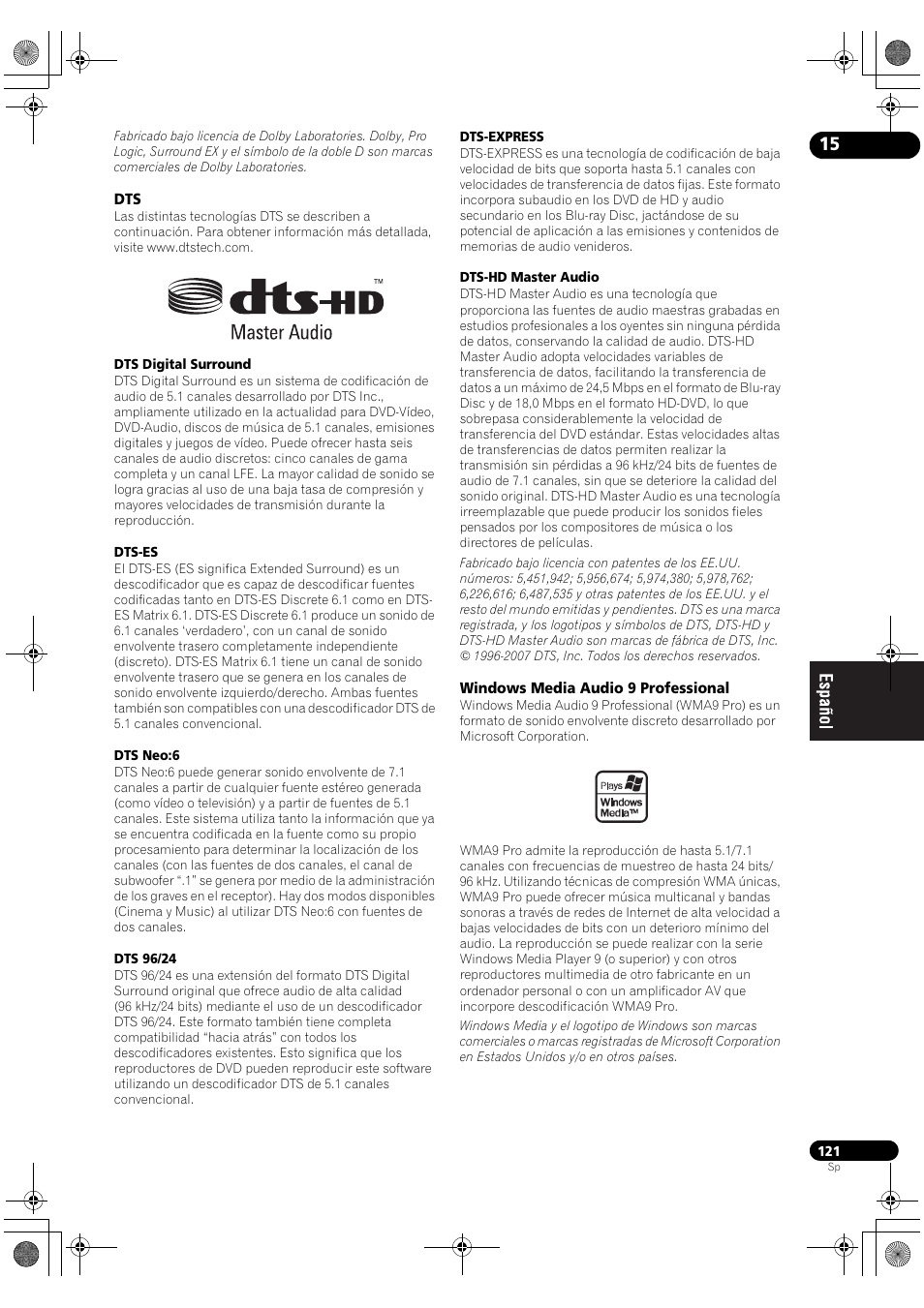 Dts windows media audio 9 professional | Pioneer SC-LX71 User Manual | Page 121 / 134