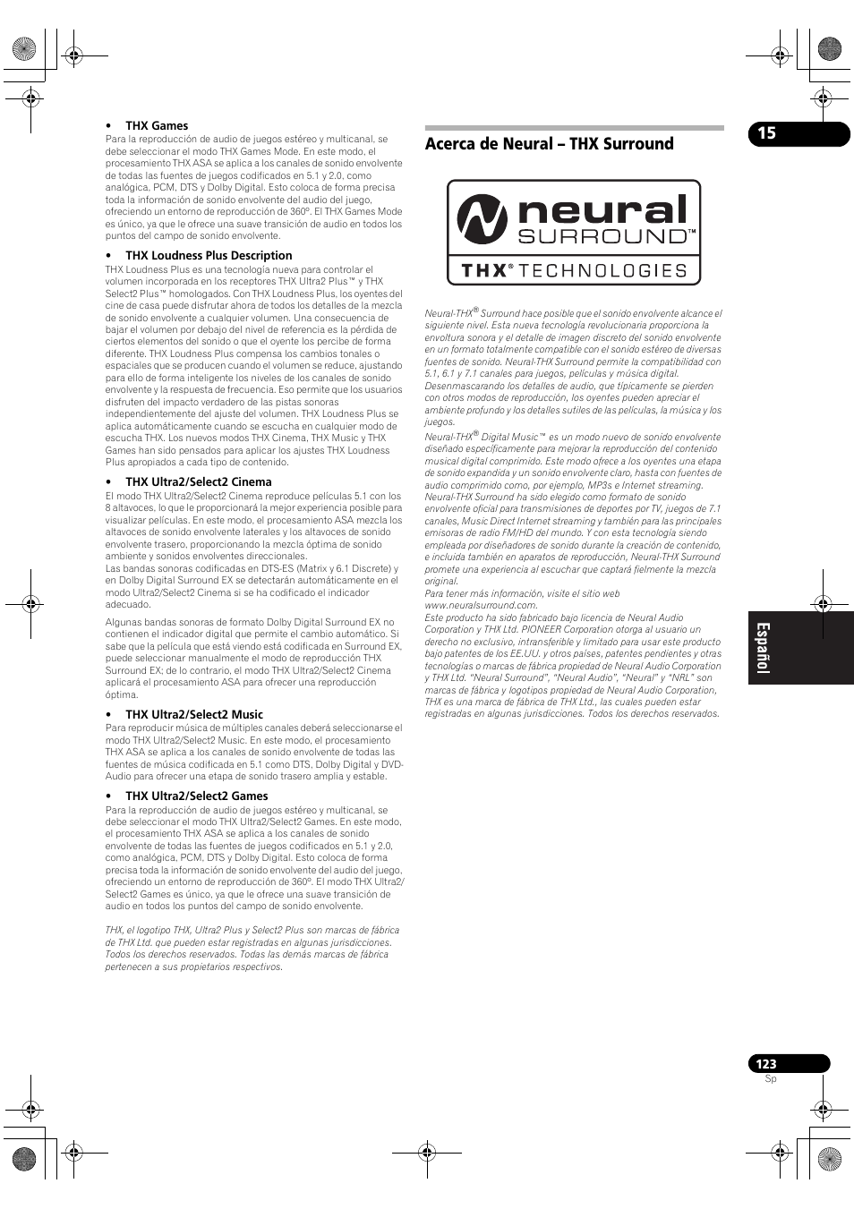 Acerca de neural – thx surround | Pioneer SC-LX71 User Manual | Page 123 / 134
