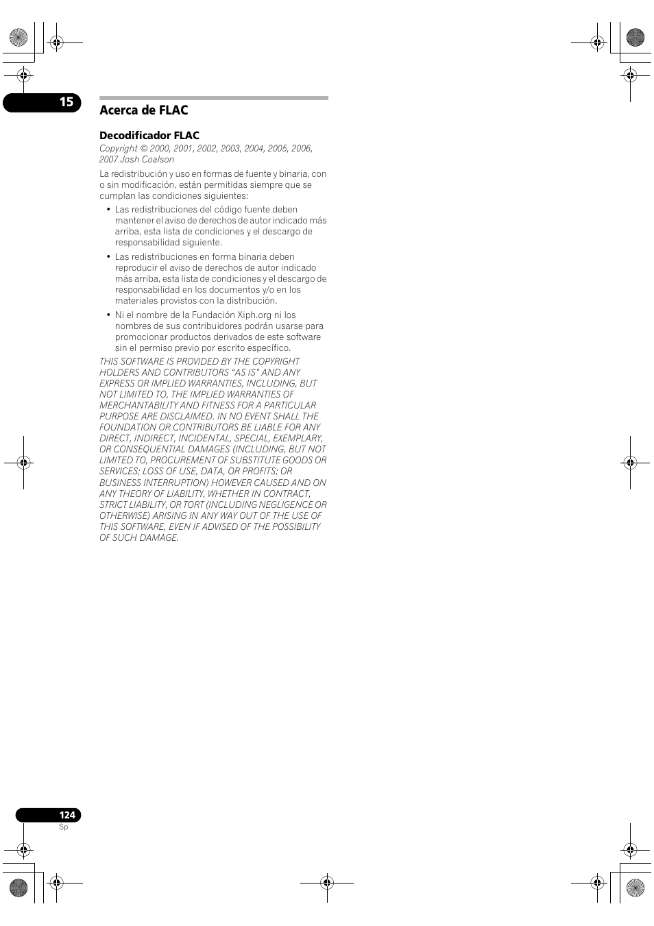 Acerca de flac, Decodificador flac | Pioneer SC-LX71 User Manual | Page 124 / 134