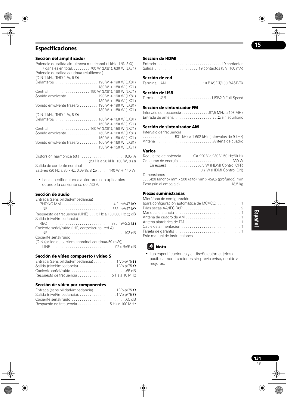 Especificaciones | Pioneer SC-LX71 User Manual | Page 131 / 134