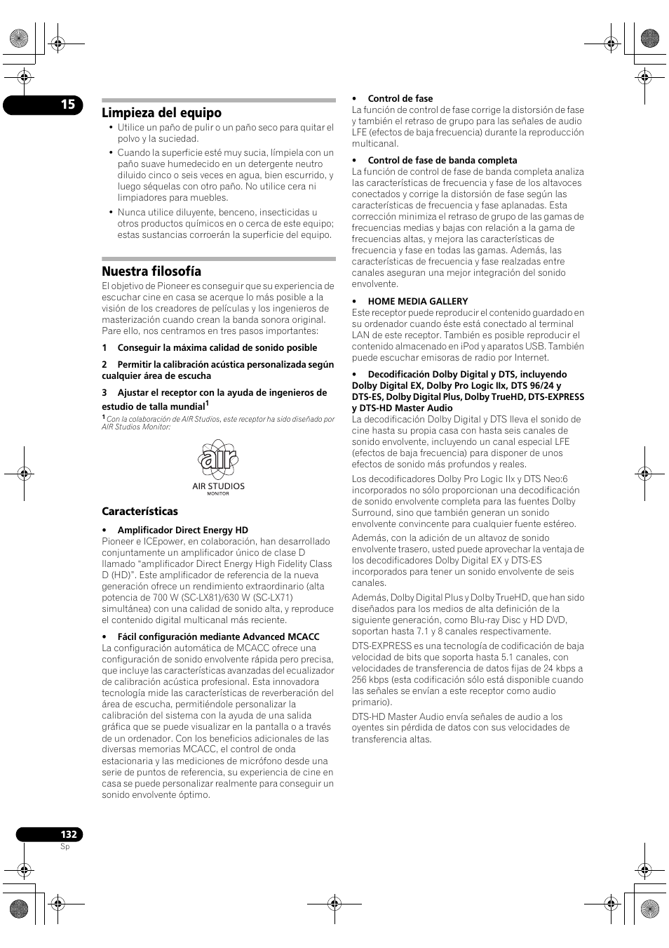 Limpieza del equipo nuestra filosofía, Características, Limpieza del equipo | Nuestra filosofía | Pioneer SC-LX71 User Manual | Page 132 / 134