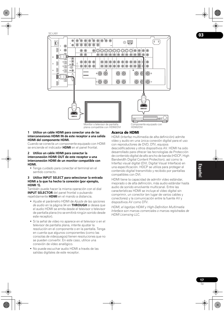 Acerca de hdmi | Pioneer SC-LX71 User Manual | Page 17 / 134