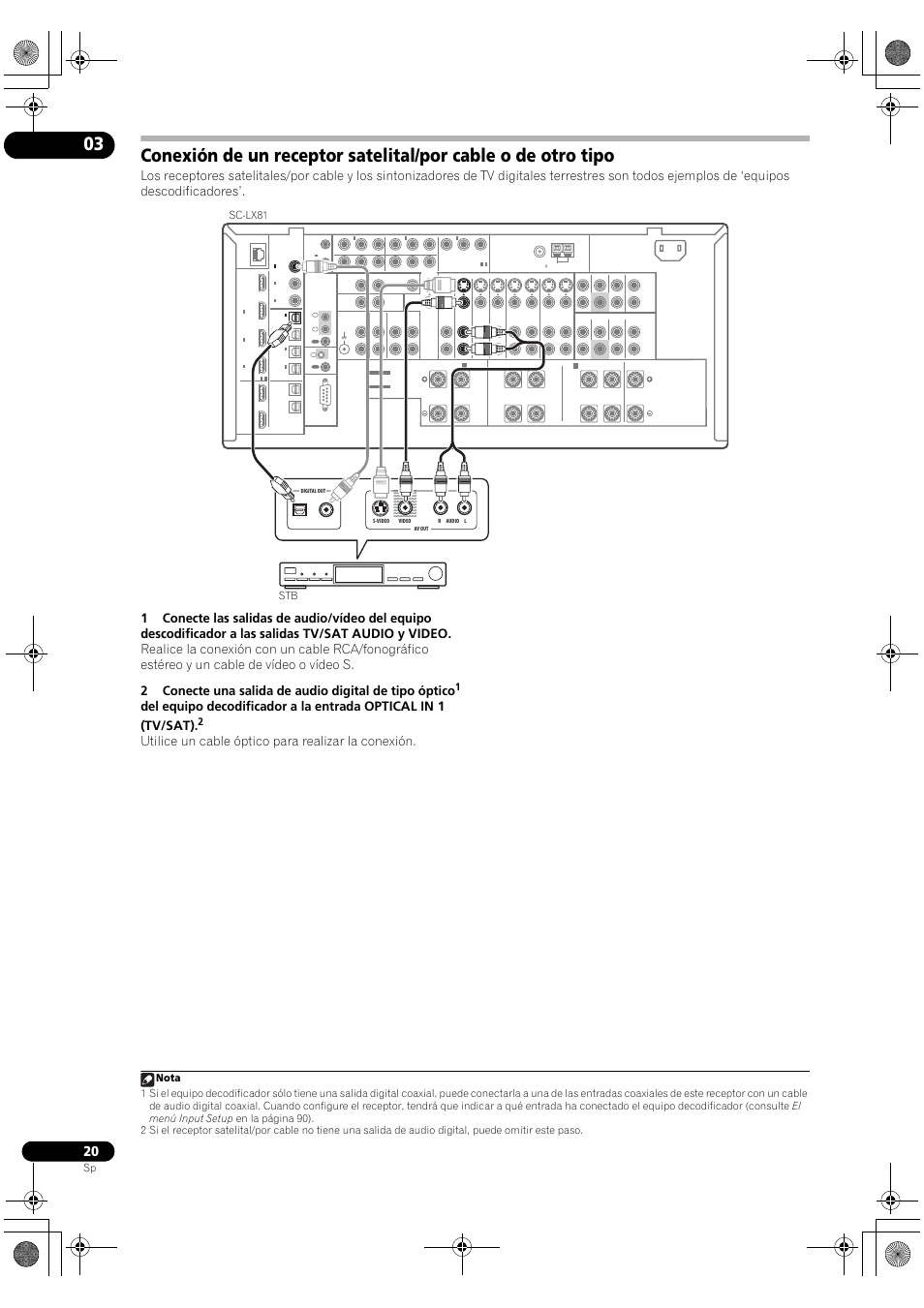 Utilice un cable óptico para realizar la conexión | Pioneer SC-LX71 User Manual | Page 20 / 134