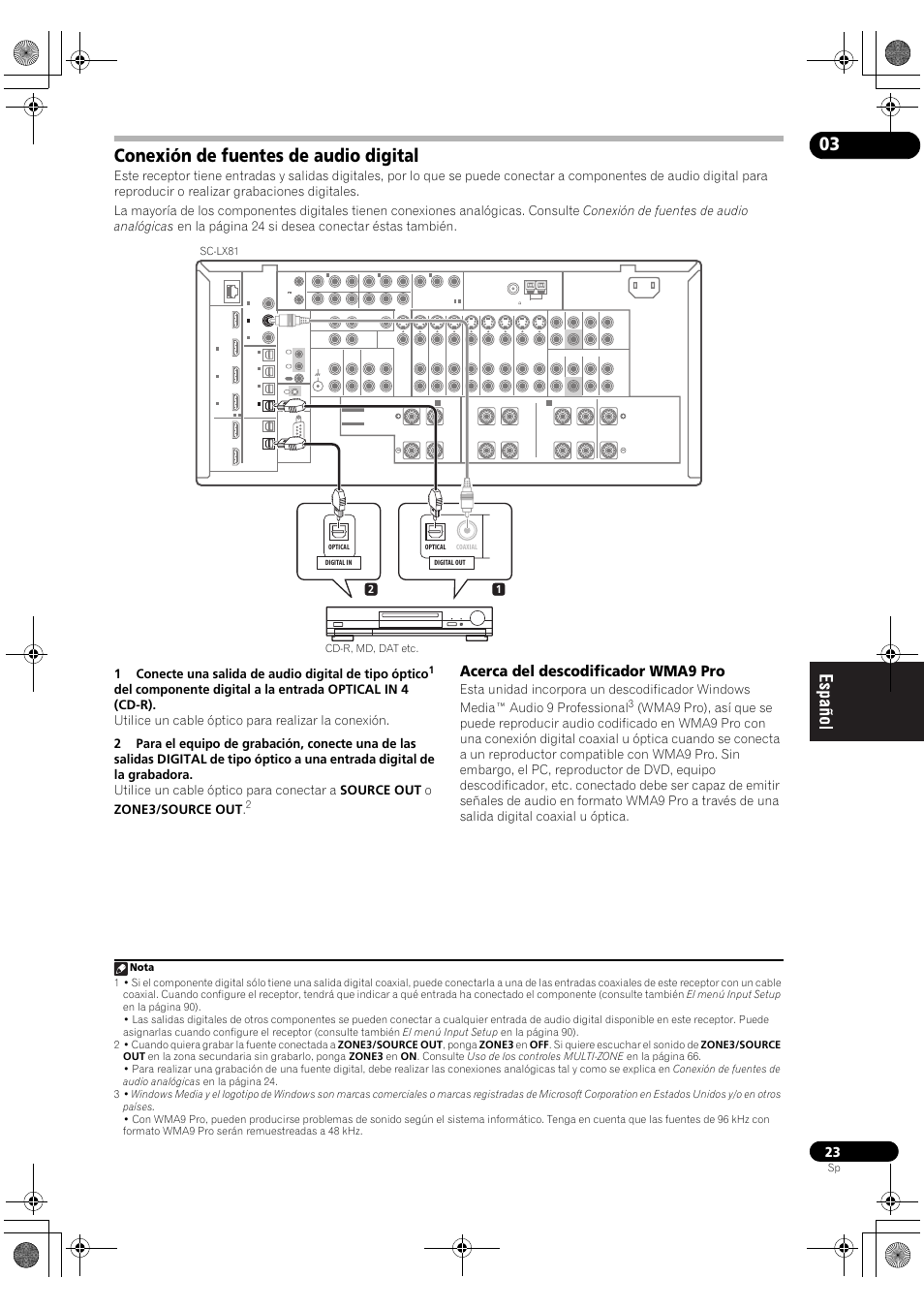 Conexión de fuentes de audio digital, Acerca del descodificador wma9 pro | Pioneer SC-LX71 User Manual | Page 23 / 134