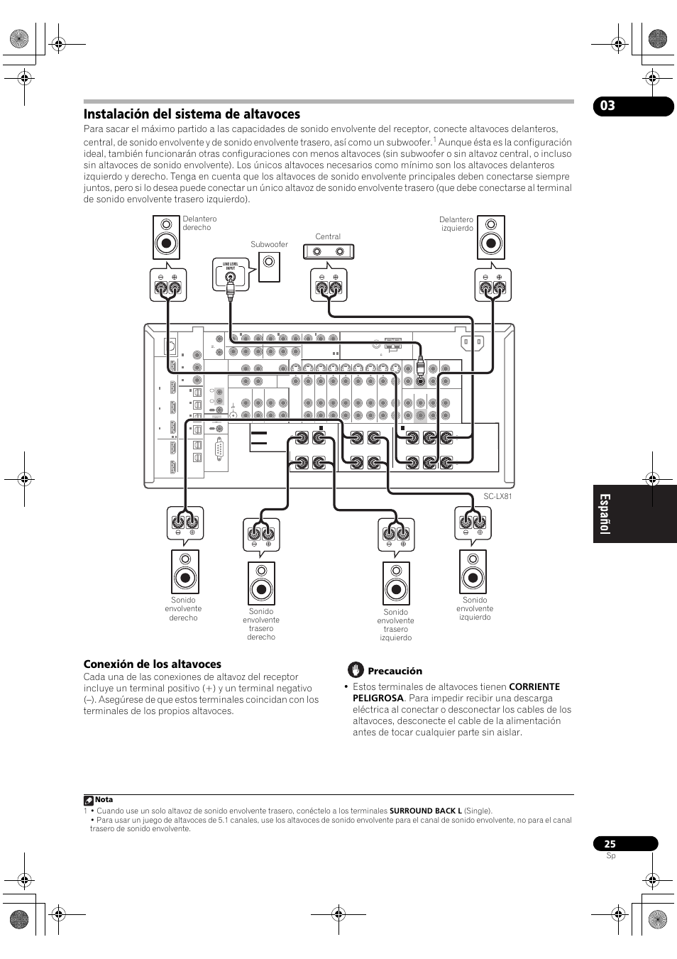 Instalación del sistema de altavoces, Conexión de los altavoces | Pioneer SC-LX71 User Manual | Page 25 / 134