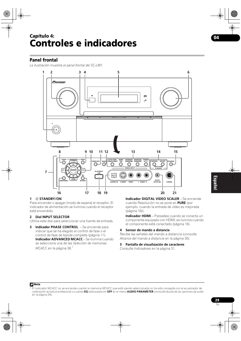 Panel frontal, Controles e indicadores, Capítulo 4 | Pioneer SC-LX71 User Manual | Page 29 / 134