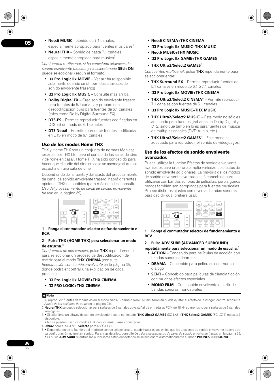 Uso de los modos home thx, Uso de los efectos de sonido envolvente avanzados | Pioneer SC-LX71 User Manual | Page 36 / 134