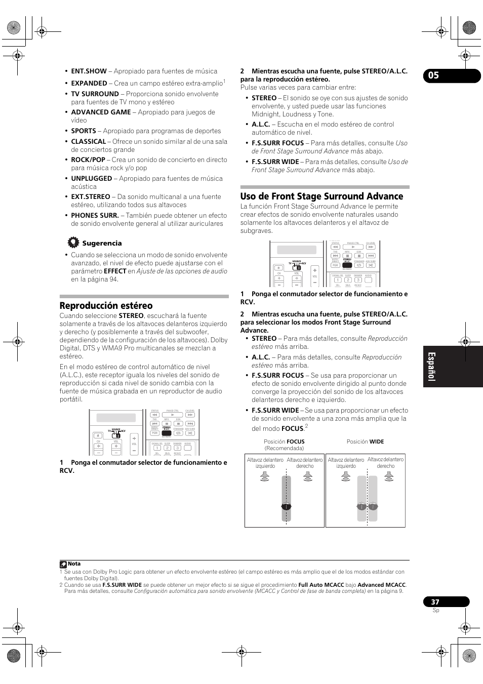 Reproducción estéreo, Uso de front stage surround advance | Pioneer SC-LX71 User Manual | Page 37 / 134