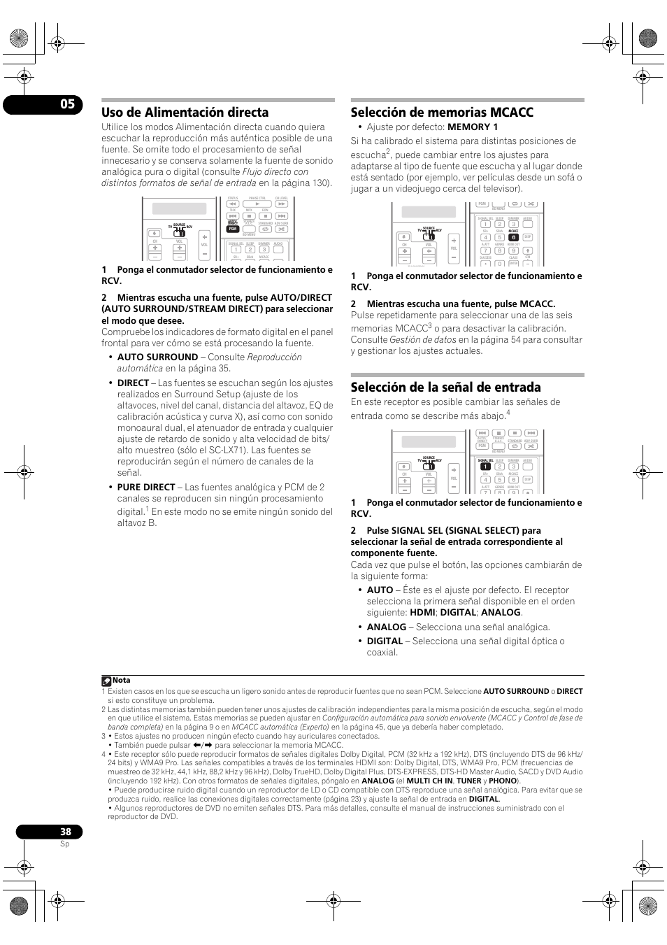 Uso de alimentación directa, Selección de la señal de entrada | Pioneer SC-LX71 User Manual | Page 38 / 134