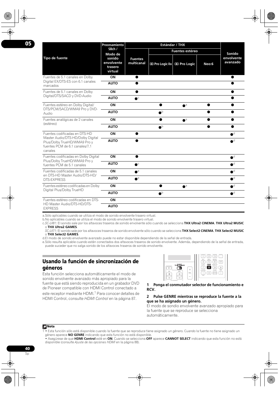 Usando la función de sincronización de géneros | Pioneer SC-LX71 User Manual | Page 40 / 134