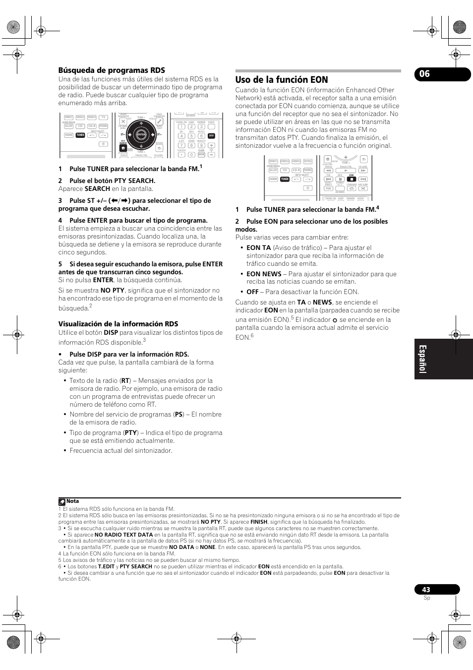 Búsqueda de programas rds, Uso de la función eon, Visualización de la información rds | Pioneer SC-LX71 User Manual | Page 43 / 134
