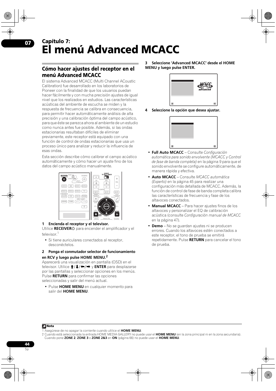 El menú advanced mcacc, Capítulo 7 | Pioneer SC-LX71 User Manual | Page 44 / 134