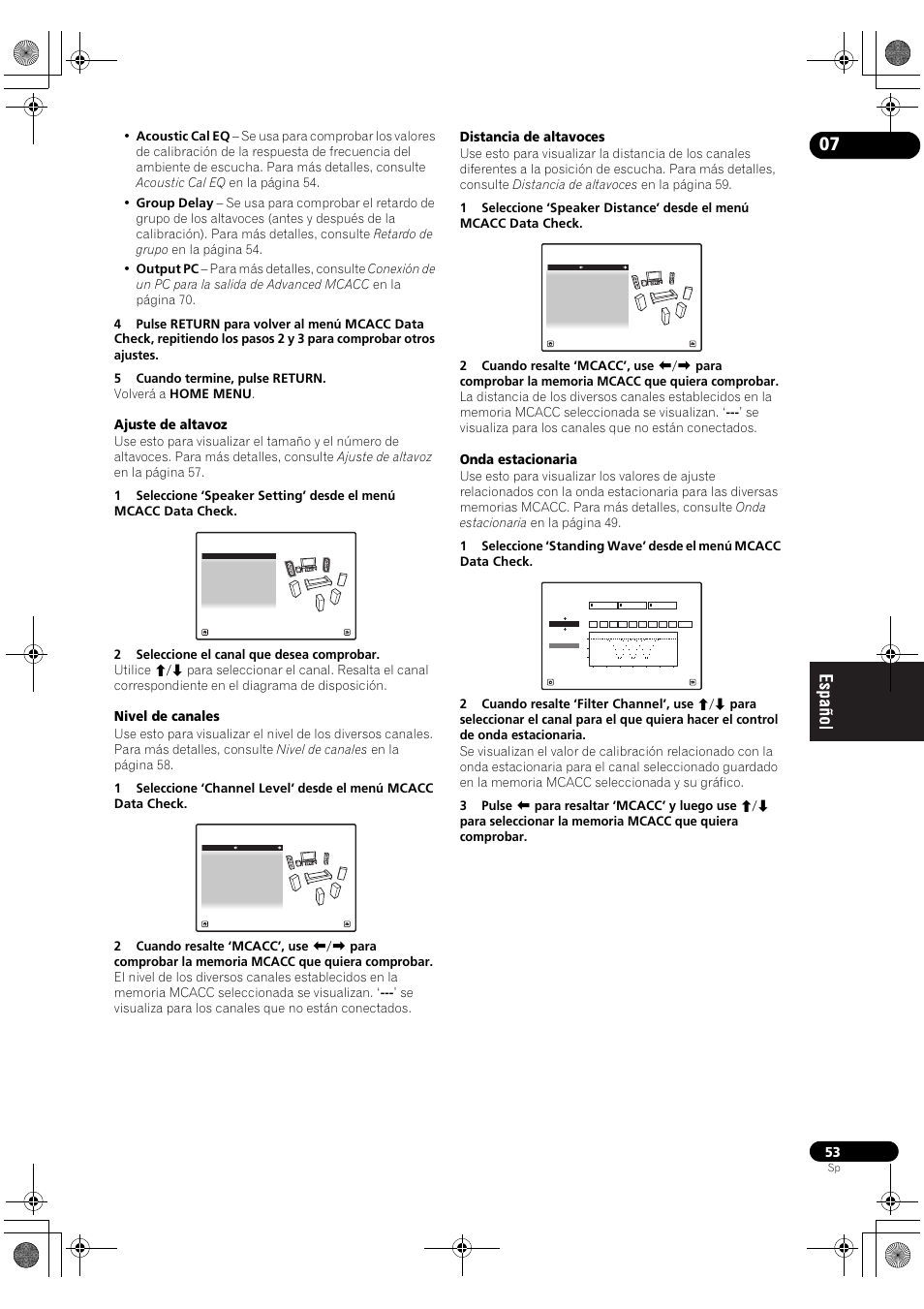 Ajuste de altavoz, Nivel de canales, Distancia de altavoces | Onda estacionaria | Pioneer SC-LX71 User Manual | Page 53 / 134