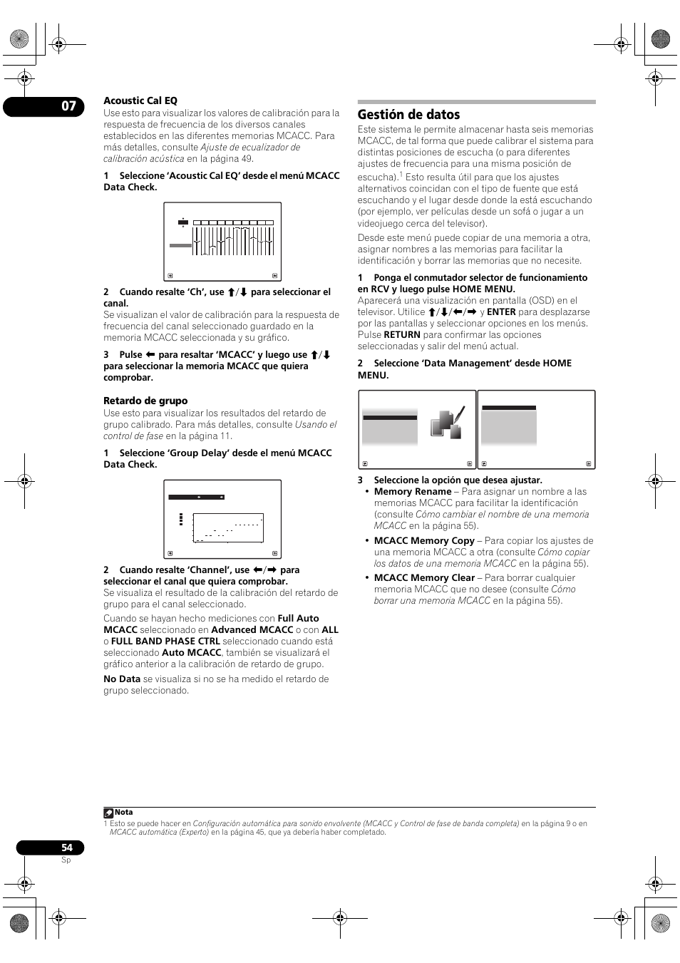 Gestión de datos, Acoustic cal eq, Retardo de grupo | Pioneer SC-LX71 User Manual | Page 54 / 134