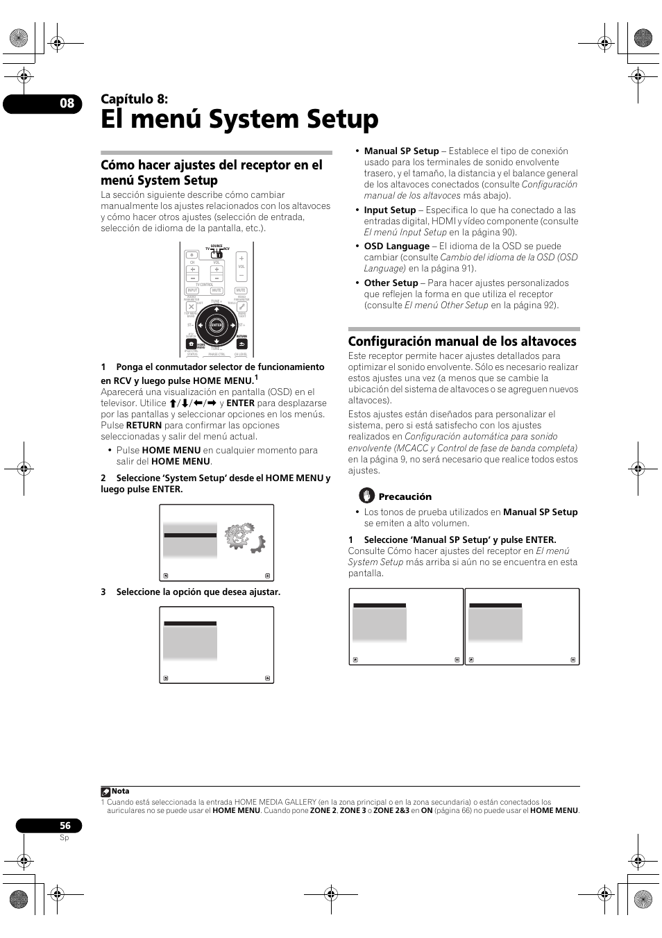 El menú system setup, Capítulo 8, Configuración manual de los altavoces | Pioneer SC-LX71 User Manual | Page 56 / 134