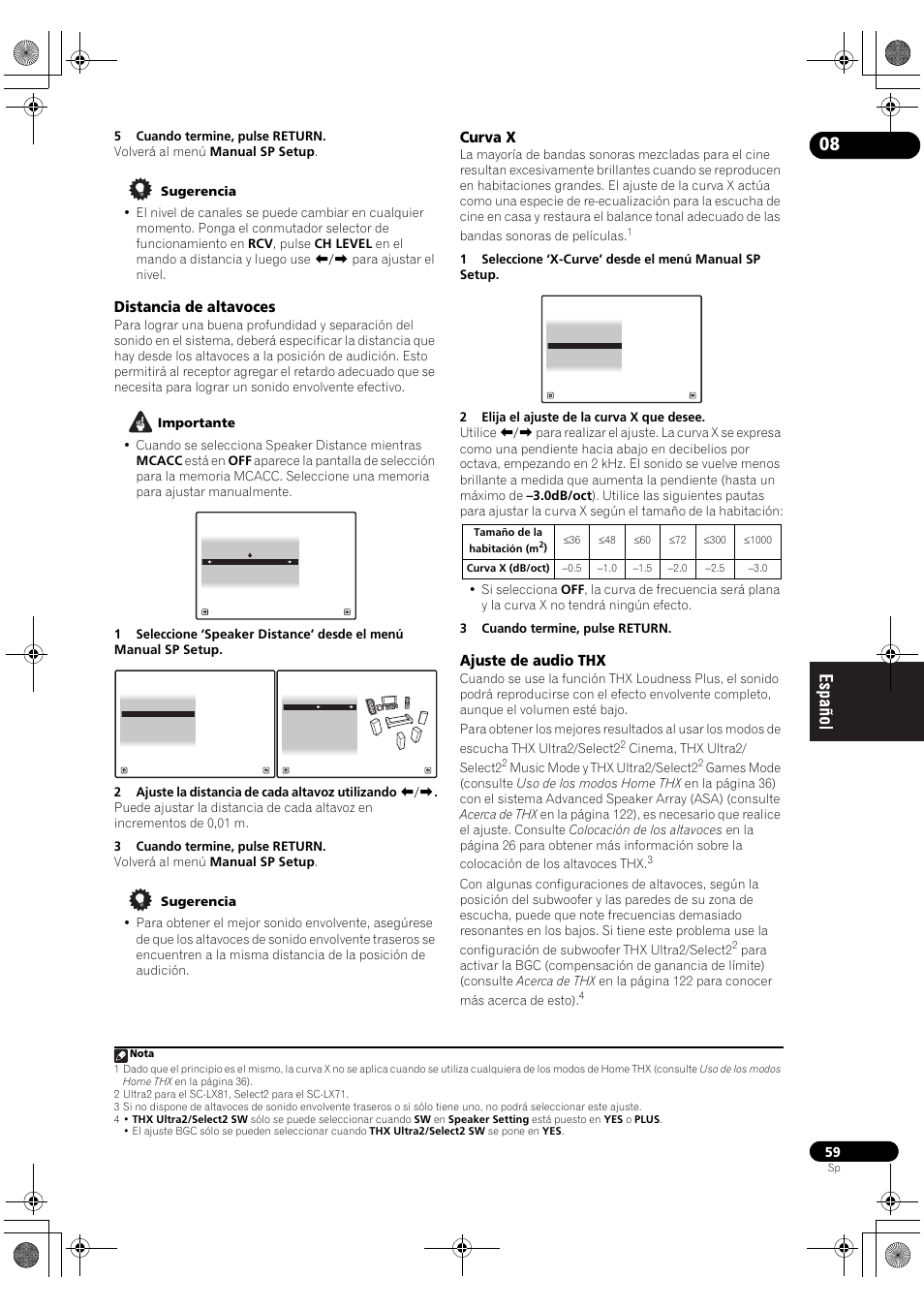 Distancia de altavoces curva x ajuste de audio thx, Distancia de altavoces, Curva x | Ajuste de audio thx | Pioneer SC-LX71 User Manual | Page 59 / 134