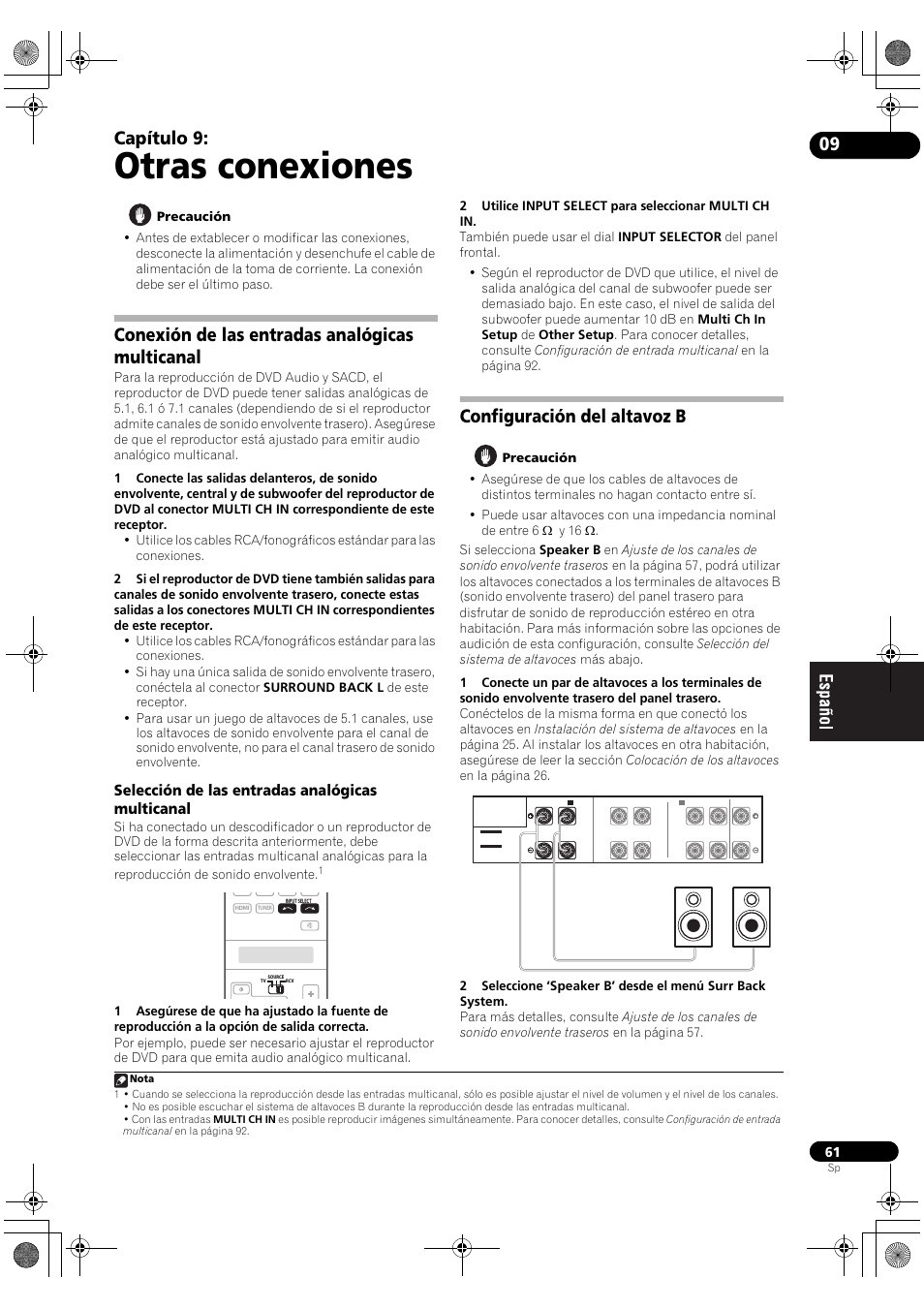 Conexión de las entradas analógicas multicanal, Selección de las entradas analógicas multicanal, Configuración del altavoz b | Otras conexiones, Capítulo 9 | Pioneer SC-LX71 User Manual | Page 61 / 134