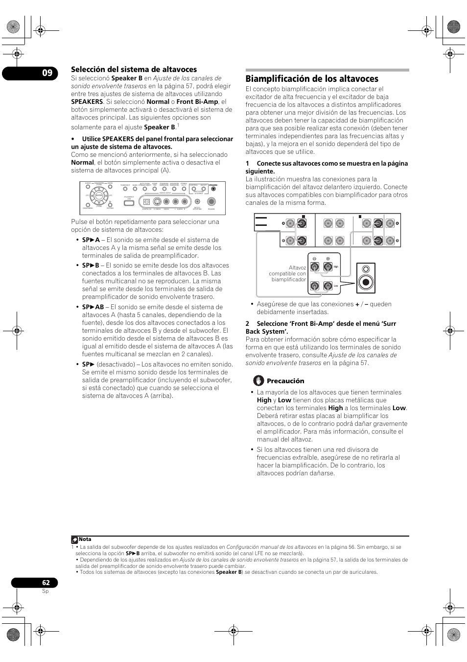 Selección del sistema de altavoces, Biamplificación de los altavoces | Pioneer SC-LX71 User Manual | Page 62 / 134