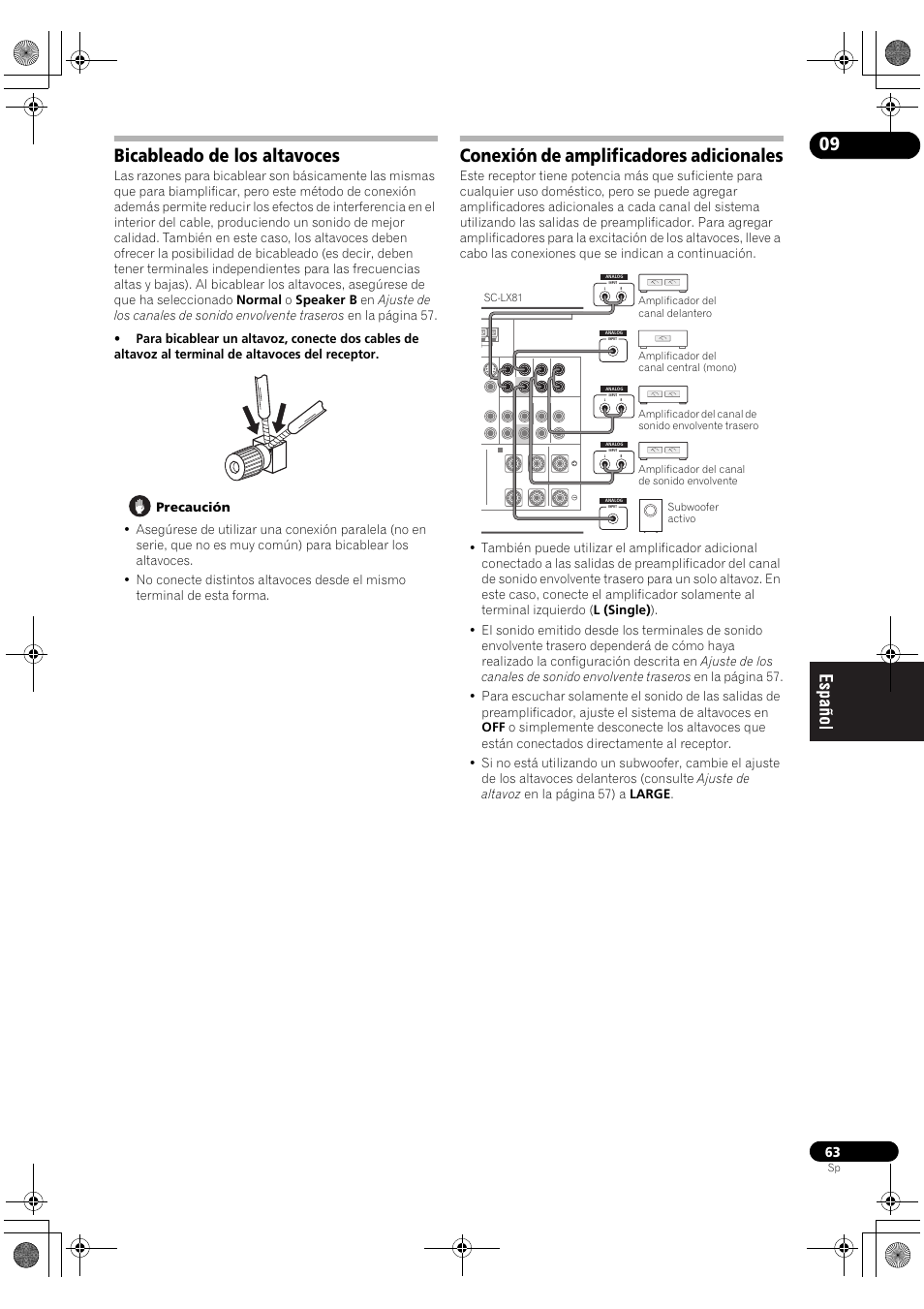 Bicableado de los altavoces, Conexión de amplificadores adicionales | Pioneer SC-LX71 User Manual | Page 63 / 134