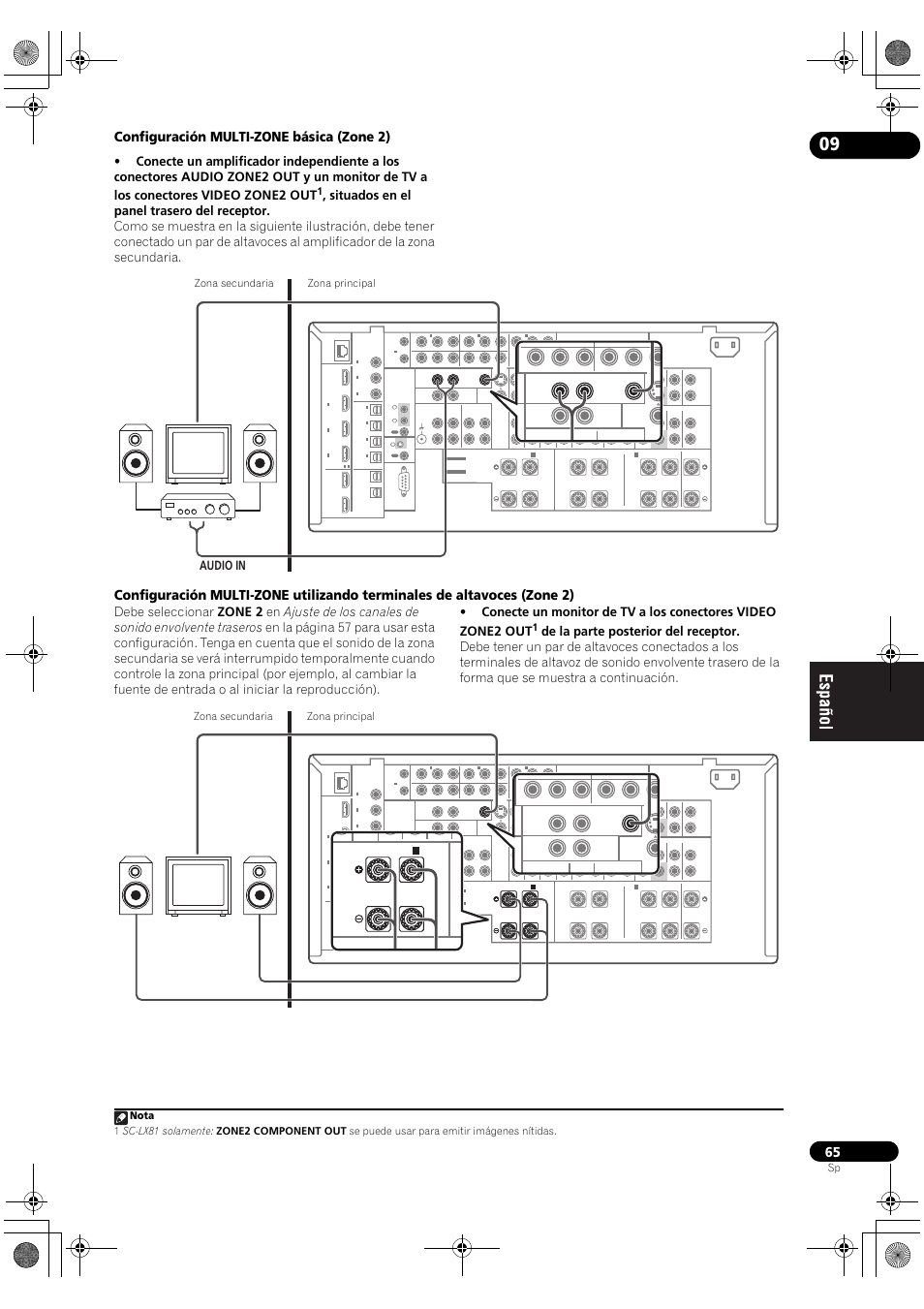 Configuración multi-zone básica (zone 2), Audio in, Zona principal zona secundaria | Pioneer SC-LX71 User Manual | Page 65 / 134