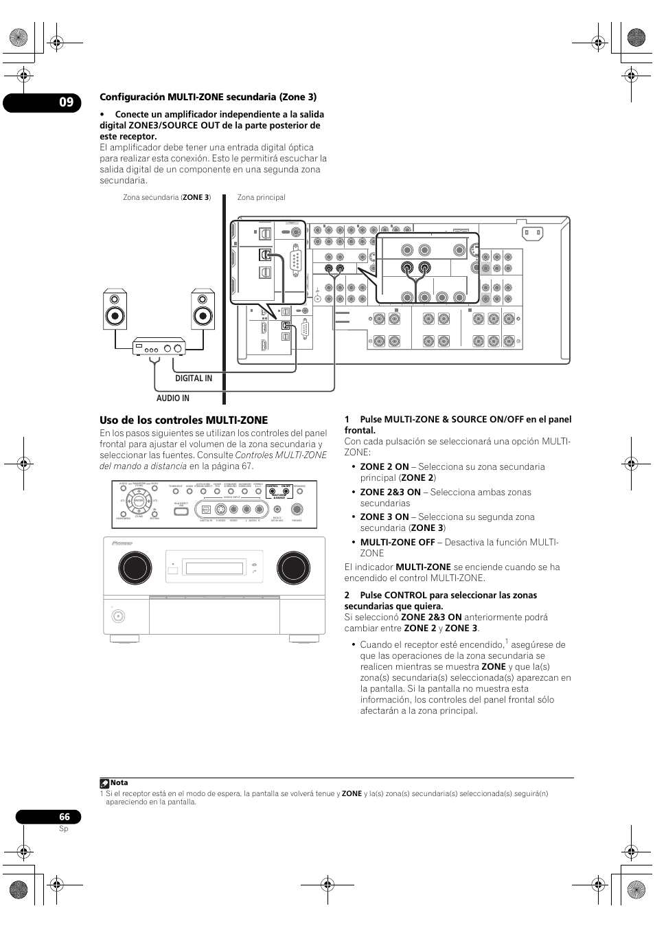 Uso de los controles multi-zone, Configuración multi-zone secundaria (zone 3), Audio in digital in | Zona principal zona secundaria ( zone 3 ) | Pioneer SC-LX71 User Manual | Page 66 / 134