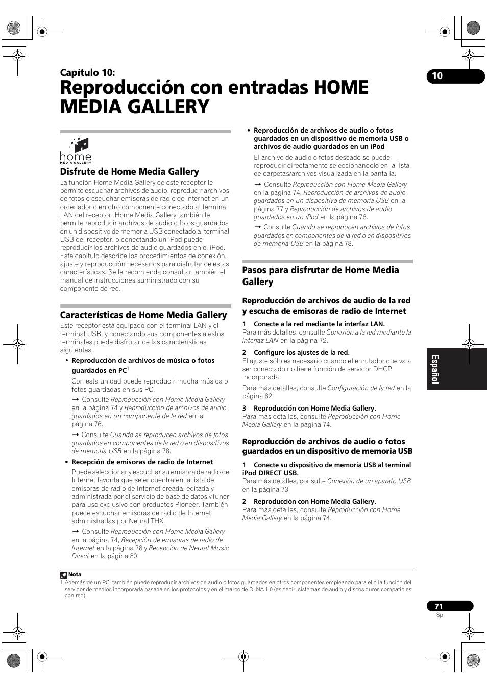 Reproducción con entradas home media gallery, Capítulo 10, Disfrute de home media gallery | Características de home media gallery, Pasos para disfrutar de home media gallery | Pioneer SC-LX71 User Manual | Page 71 / 134