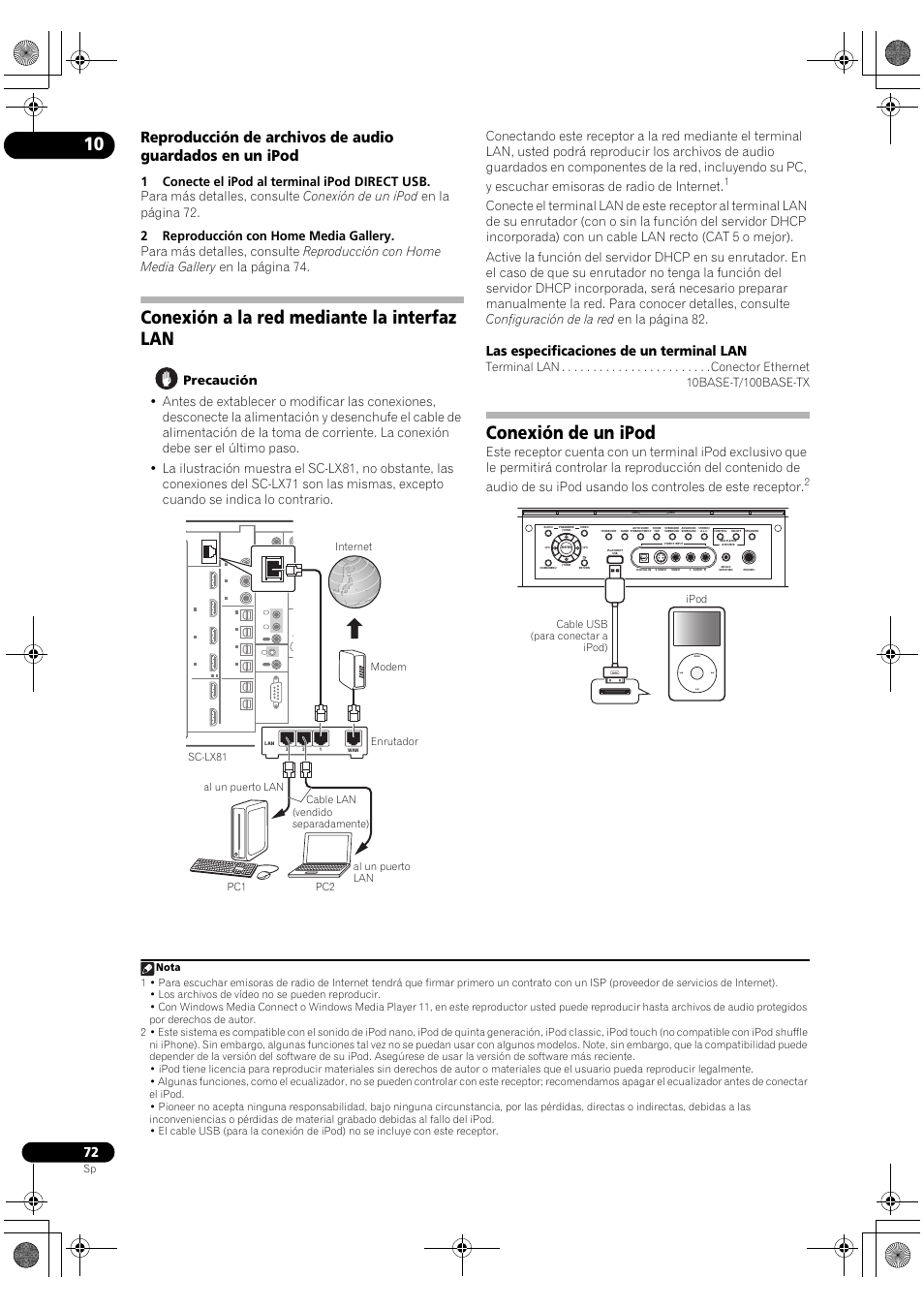 Conexión a la red mediante la interfaz lan, Conexión de un ipod, Las especificaciones de un terminal lan | Pioneer SC-LX71 User Manual | Page 72 / 134