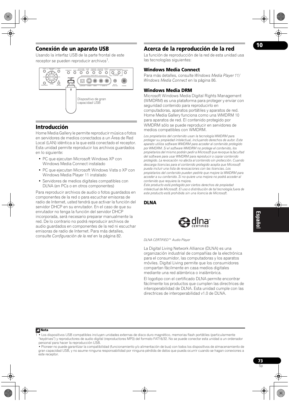 Windows media connect windows media drm dlna, Conexión de un aparato usb, Introducción | Acerca de la reproducción de la red, Windows media connect, Windows media drm, Dlna | Pioneer SC-LX71 User Manual | Page 73 / 134