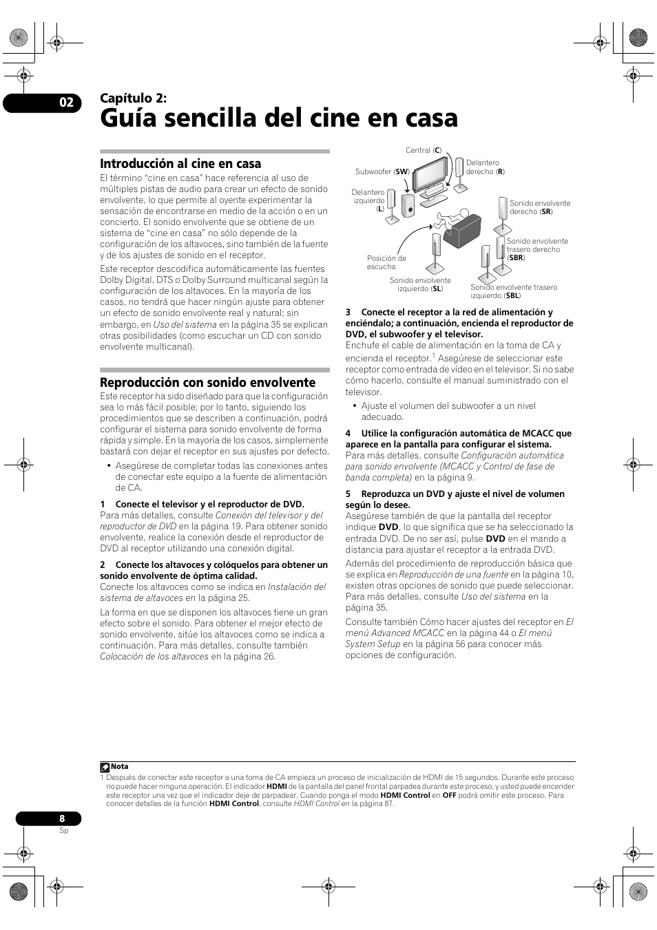Guía sencilla del cine en casa, Capítulo 2, Introducción al cine en casa | Reproducción con sonido envolvente | Pioneer SC-LX71 User Manual | Page 8 / 134
