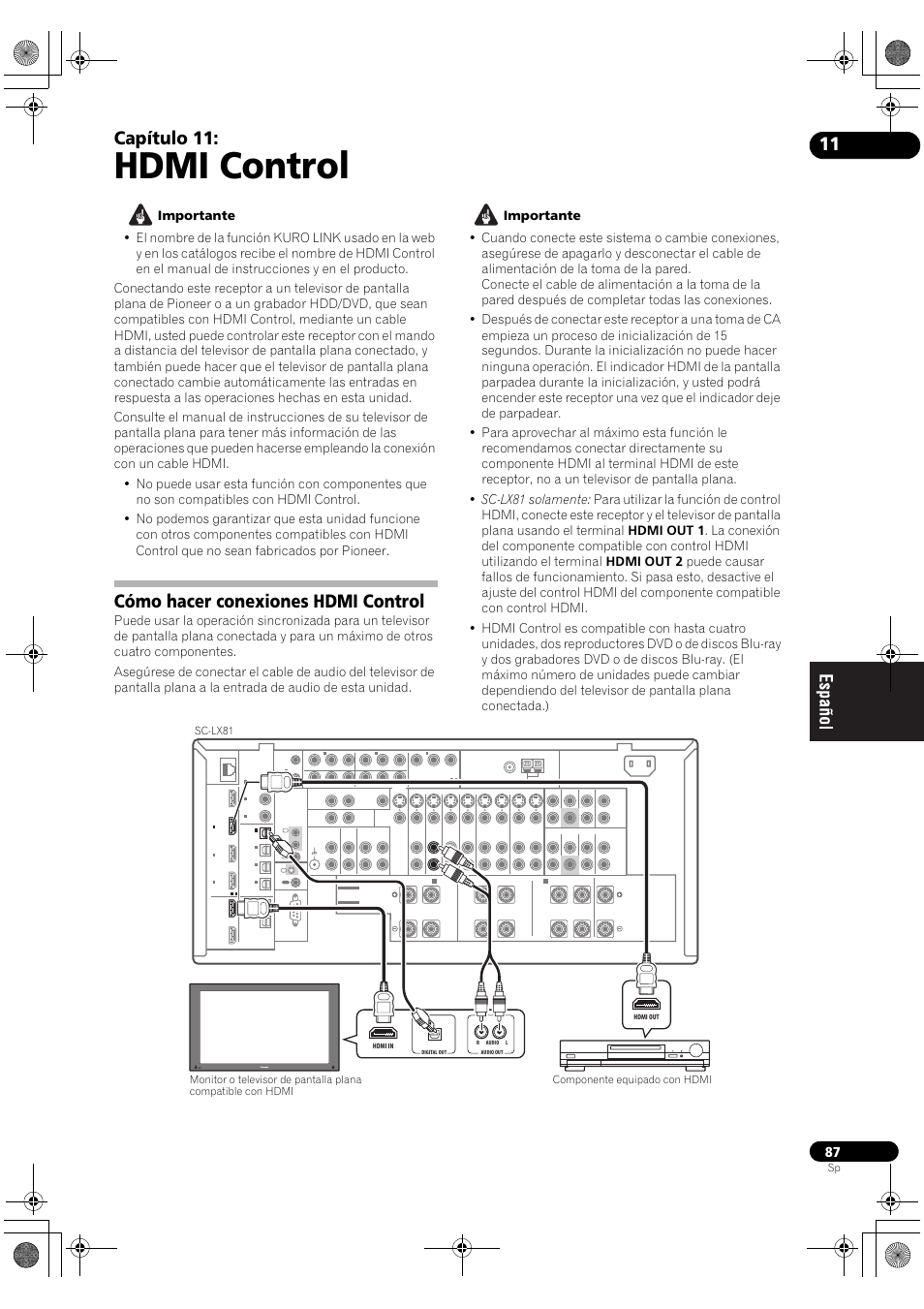 Cómo hacer conexiones hdmi control, Hdmi control, Capítulo 11 | Pioneer SC-LX71 User Manual | Page 87 / 134