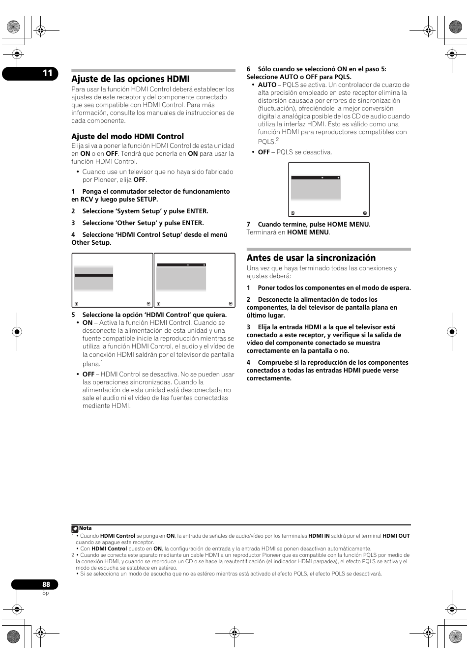 Ajuste de las opciones hdmi, Ajuste del modo hdmi control, Antes de usar la sincronización | Pioneer SC-LX71 User Manual | Page 88 / 134