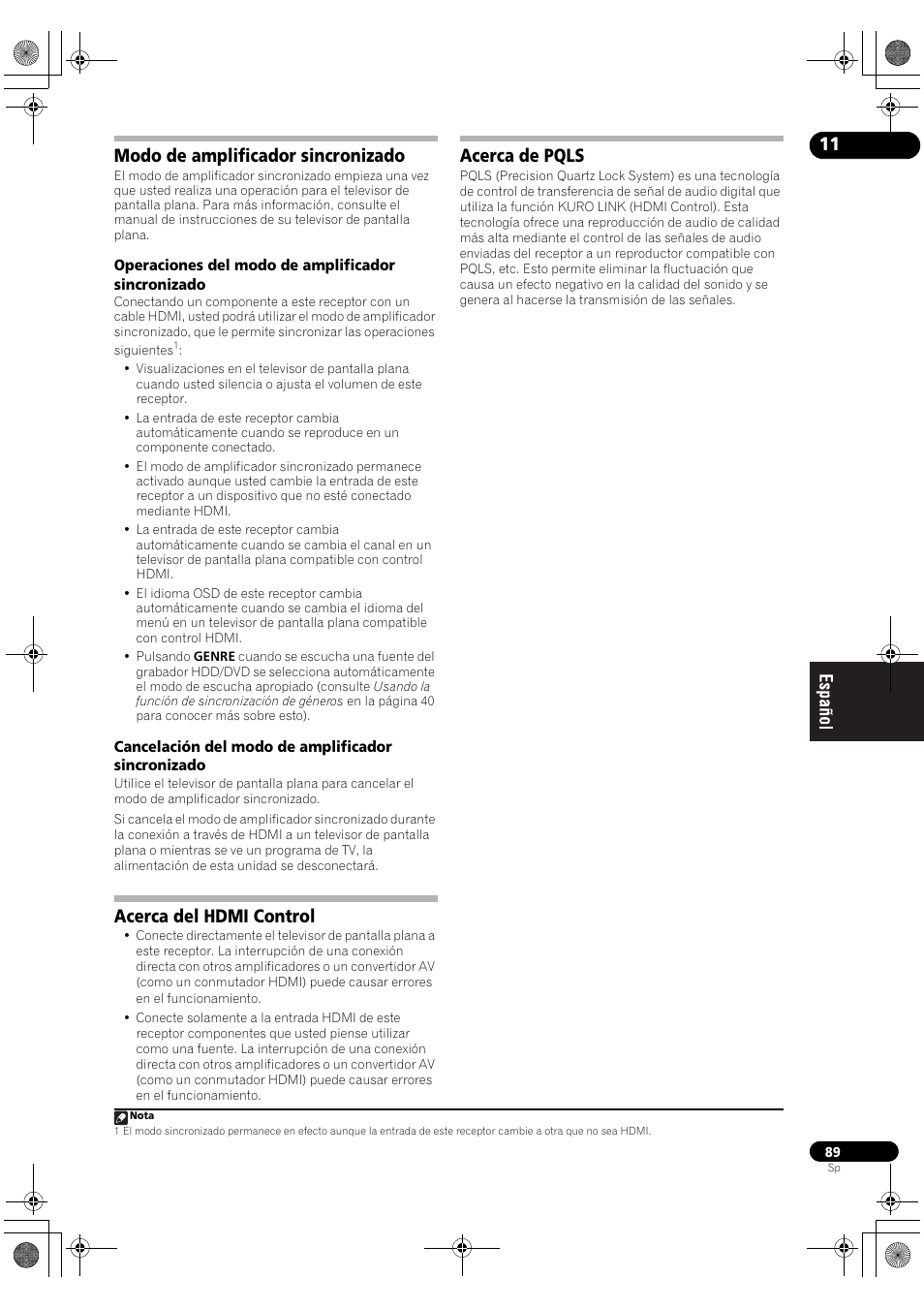 Modo de amplificador sincronizado, Acerca del hdmi control acerca de pqls, Acerca del hdmi control | Acerca de pqls | Pioneer SC-LX71 User Manual | Page 89 / 134