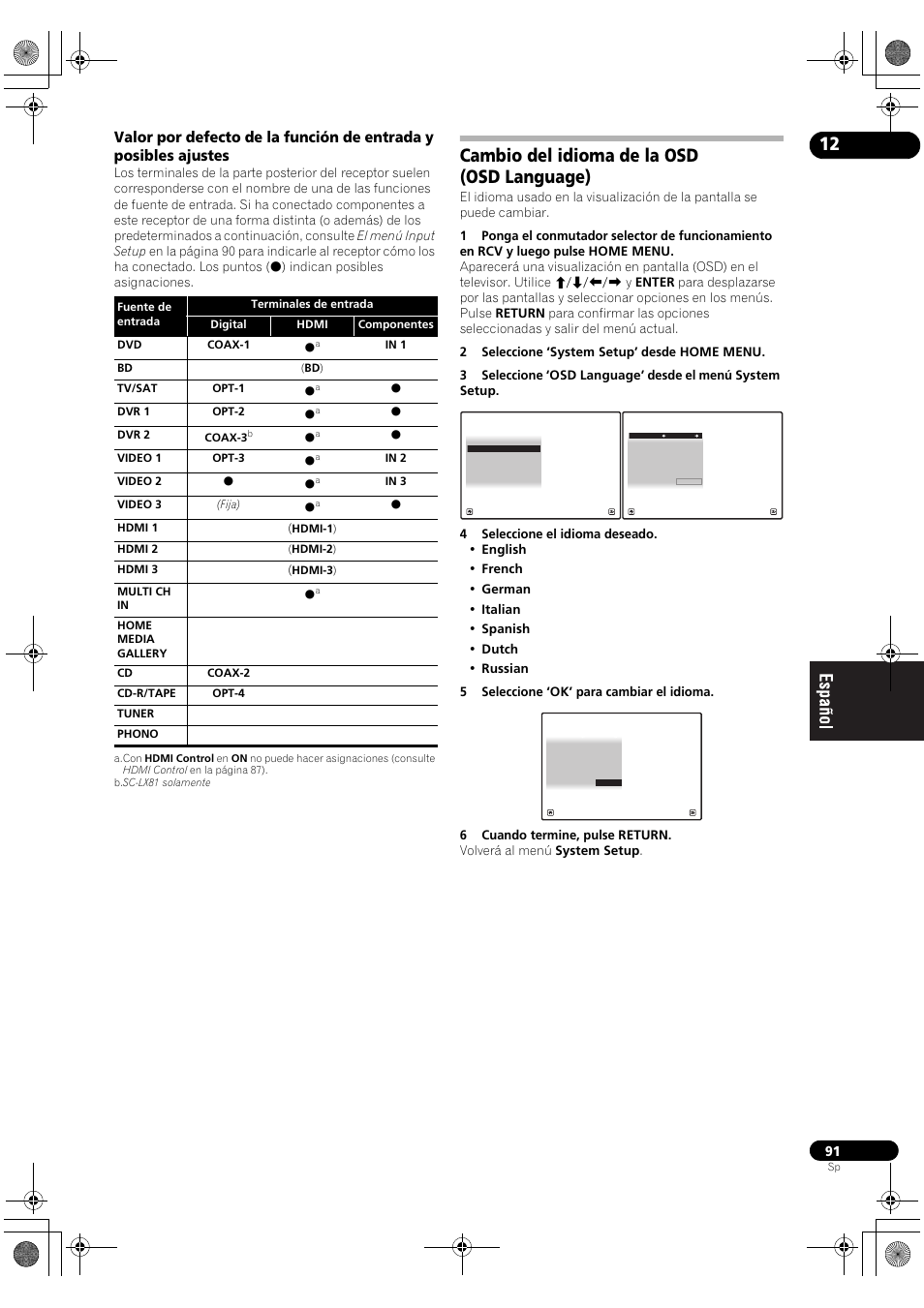 Cambio del idioma de la osd (osd language) | Pioneer SC-LX71 User Manual | Page 91 / 134