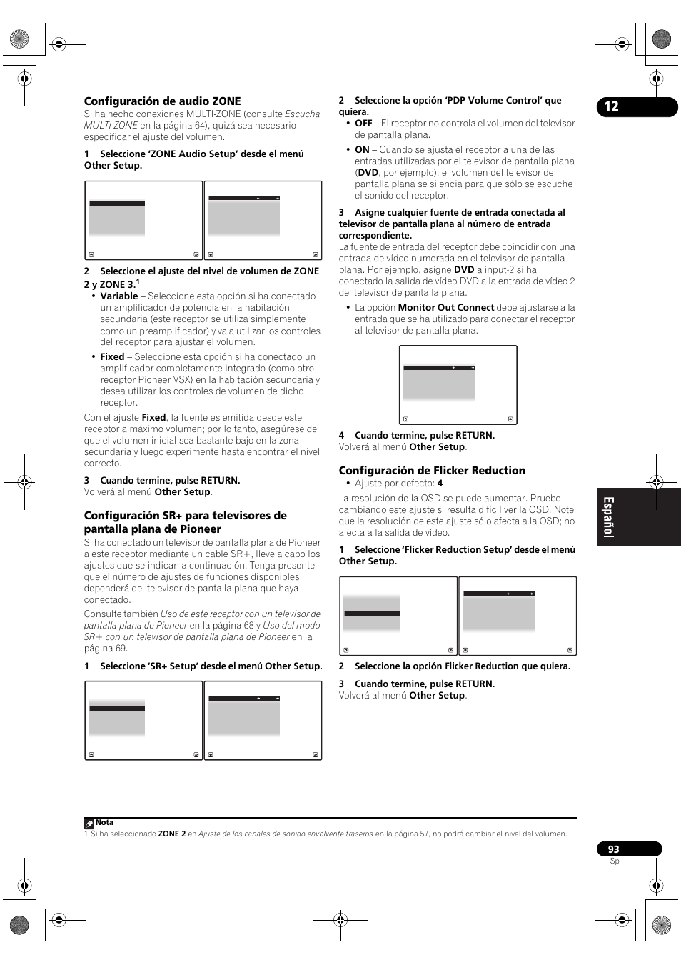 Configuración de audio zone, Configuración de flicker reduction | Pioneer SC-LX71 User Manual | Page 93 / 134
