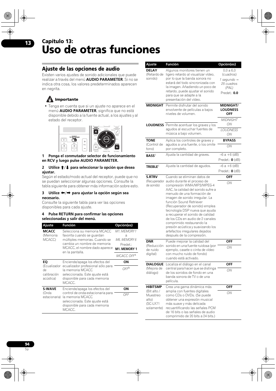 Ajuste de las opciones de audio, Uso de otras funciones, Capítulo 13 | Pioneer SC-LX71 User Manual | Page 94 / 134