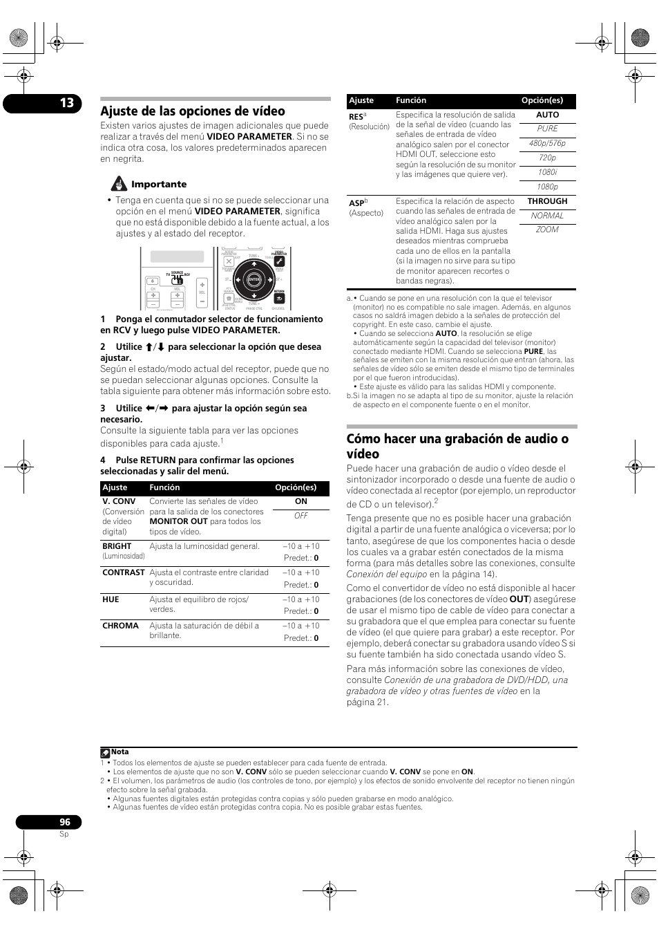 Ajuste de las opciones de vídeo, Cómo hacer una grabación de audio o vídeo | Pioneer SC-LX71 User Manual | Page 96 / 134