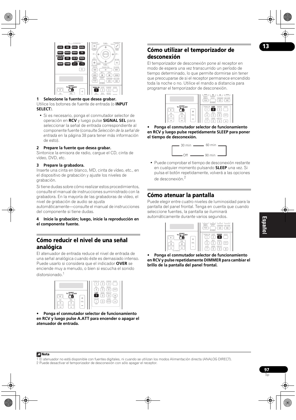 Cómo reducir el nivel de una señal analógica, Cómo utilizar el temporizador de desconexión, Cómo atenuar la pantalla | Pioneer SC-LX71 User Manual | Page 97 / 134